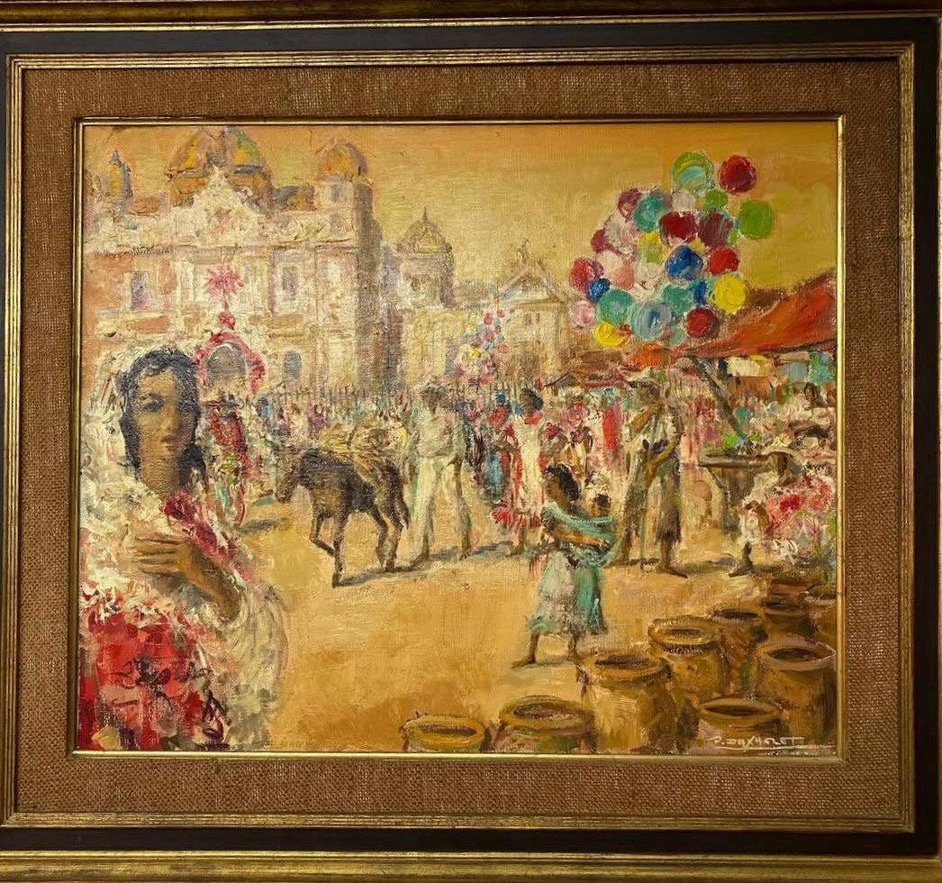 Huile sur toile Paul Daxhelet scène de marché vers 1950 peinture belge