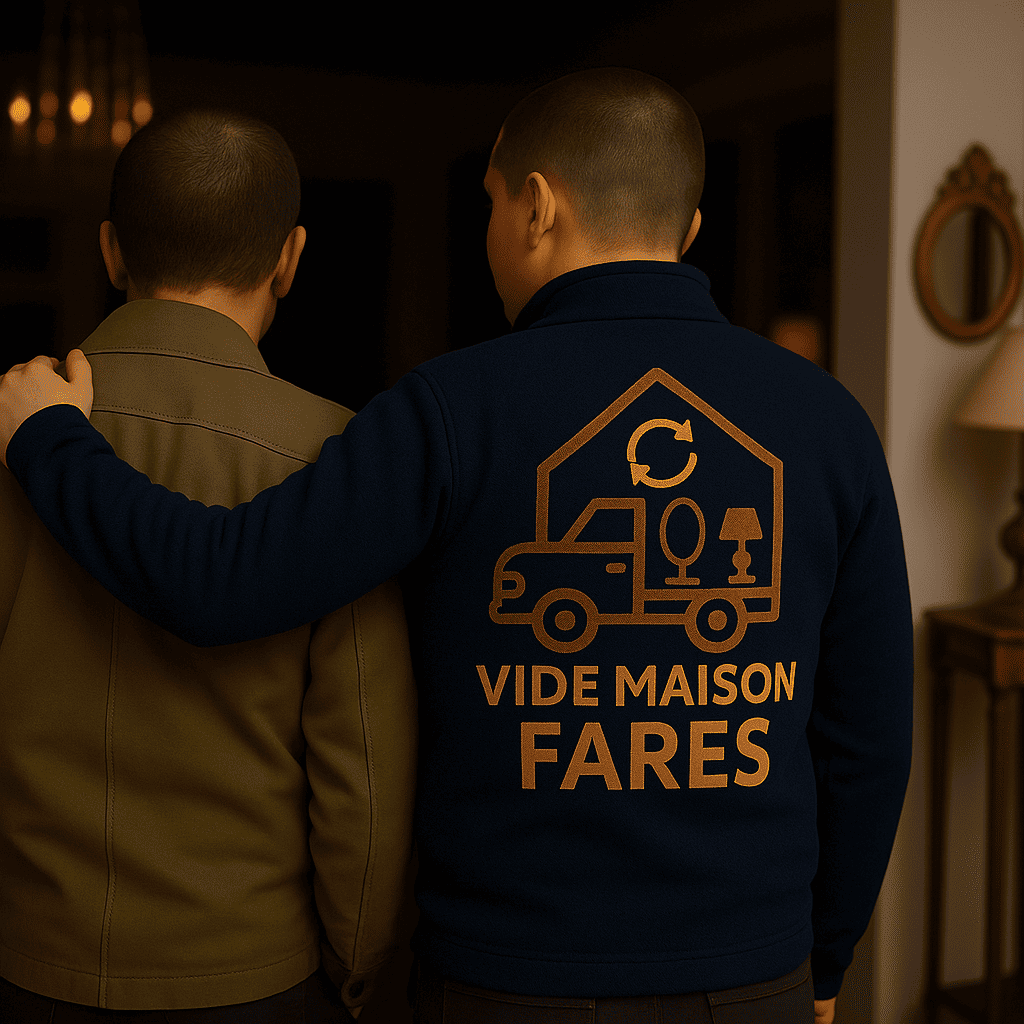 Deux membres de Vide Maison Fares en tenue de service, avec logo illustrant le débarras et le recyclage en Belgique.