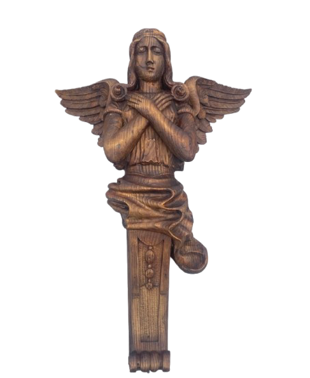 Grand ange en bois sculpté du XIXᵉ siècle, sculpture ancienne décorative à figure ailée