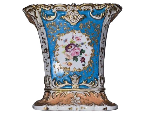Vase en porcelaine de Vieux Paris XIXe siècle décor floral polychrome bleu et or style Louis XV