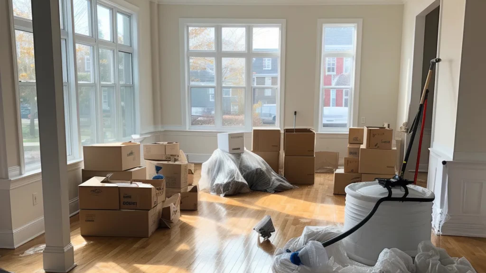 Pièce en cours de débarras avec cartons de déménagement, Services VideMaisonFares 